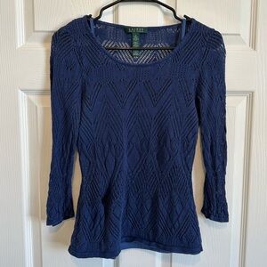 RALPH LAUREN Blue 3/4 Sleeve Woven Pattern Top with Tank Top Underneath
